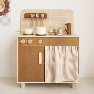 Petite Amélie Houten speelkeuken «Noyer» met 12-delige accessoires in walnoot
