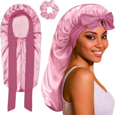 Satijnen Slaapmutsen - Haarkap Elastisch - Bescherming Haar - Ademend Zacht Materiaal - 2 Stuks - Roze Zwart