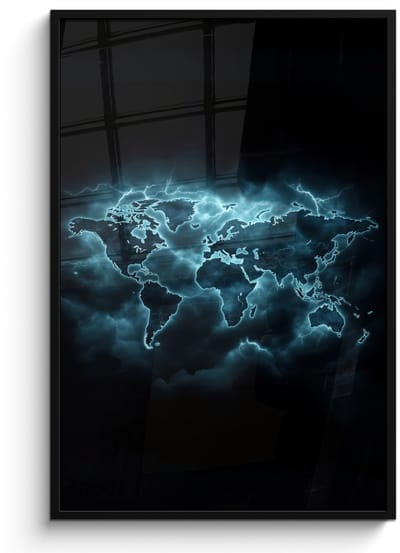 Poster in lijst - Fotolijst 80x120 cm - Posters - Wereldkaart - Bliksem - Blauw - Posterlijst zwart - Decoratie - Wanddecoratie woonkamer - Muurdecoratie slaapkamer