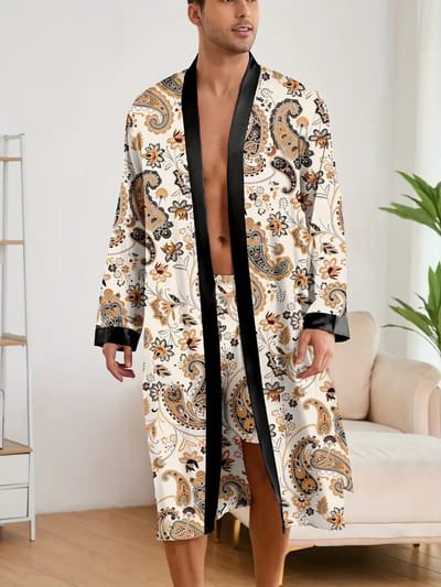ochtendjas badjas pyjama satijn heren nachtkleding groen goedkoop huispak comfort mannen glans reverkraag knopen elastisch lange mouwen lange broek