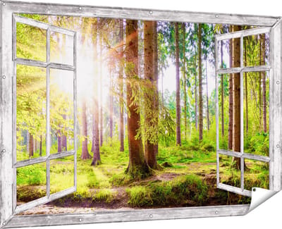 Gards Tuinposter Doorkijk Bos met Zon tussen de Bomen - 180x120 cm - Tuindoek - Tuindecoratie - Wanddecoratie buiten - Tuinschilderij