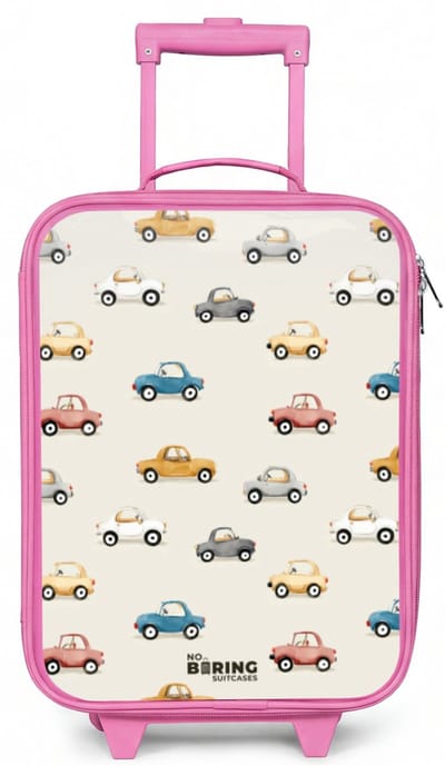 NoBoringSuitcases.com® - Kinderkoffer roze - Kindertrolley meisje - Kleurrijke retro autootjes - Koffer kind lichtgewicht - Reiskoffer trolley voor kinderen - Koffertje met lichtgevende wieltjes - Rolkoffer
