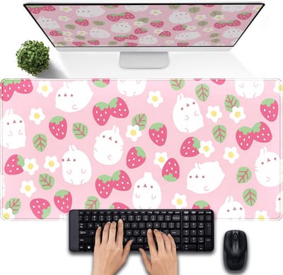 Extra Grote Roze Kawaii Bureaumat met Aardbeienprint voor Toetsenbord en Muis