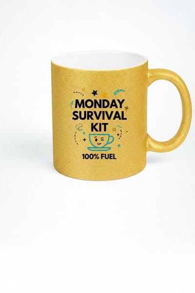 Monday Survival Kit Mok 330ml – Gouden Keramische Koffiemok met 100% Fuel Design – Grappig Kantoor & Koffieliefhebber Cadeau