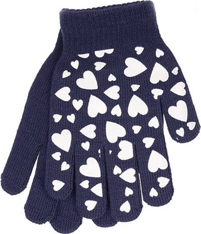 Donker blauwe kinderhandschoenen voor meisjes met witte glow in the dark hartjes.