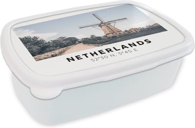 Broodtrommel Wit - Lunchbox - Brooddoos - Nederland - Windmolen - Zomer - 18x12x6 cm - Volwassenen