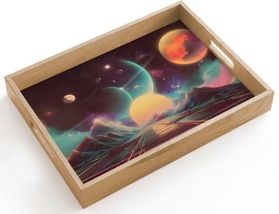 Dienblad hout 40x30 cm - Schootdienblad - Planeten - Neon - Berglandschap - Zon - Borrelplank rechthoek - Plateau dienbladen