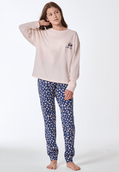 Lange pyjama met manchetten, kattenprint, champagnekleurig - Teens Nightwear 140