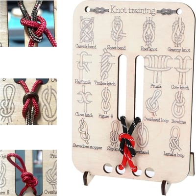 1 artikel - Knooptrainingsbord - Trainingsbord voor buitenvaardigheden - Knoopset - met 4 nylon touwen - voor touwknoopoefeningen - Houtkleur - 14*20 cm - Geschikt voor kampeeruitrusting, overleving in de buitenlucht en rotsklimoefeningen