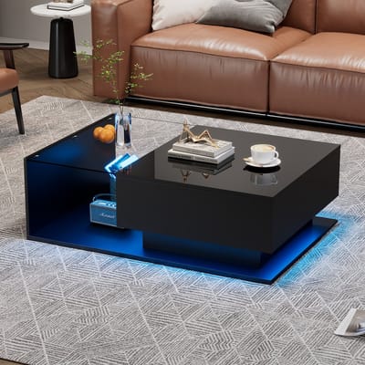 Pugsdrly Hoogglans zwarte salontafel 100x50x32 cm - met glazen blad en lades, krasvast, met 1 lade, met LED-verlichting, moderne stijl