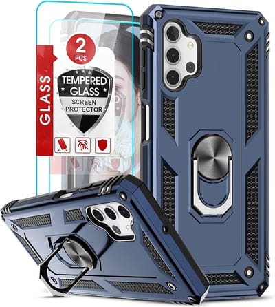 Hoesje Geschikt Voor Samsung Galaxy A32 5G Hoesje Anti-Shock Hybrid Armor hoesje Blauw - Hoesje Geschikt Voor Samsung Galaxy A32 hoesje kickstand Ring houder TPU backcover hoesje - met screenprotector Galaxy A32 5G - 2 pack
