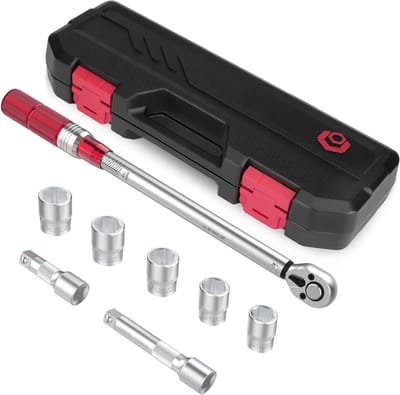 Aurixi® Momentsleutel Auto - Gereedschappen – 8 Delige Set - Handgereedschap – In Koffer – Omkeerbare Ratel- Zilver/Rood - ‎44cm x 1cm x 1cm