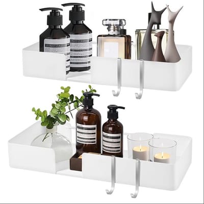 Badkamerplanken Set van 2 - Wandmontage zonder boren - Zelfklevende Planken - Decoratieve Opbergplanken - Inclusief 4 Haken - Ruimtebesparend Ontwerp - Douchecaddy