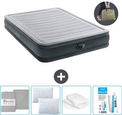 Intex Luchtbed - 2-Persoons - 152 x 203 x 33 cm - Grijs - Inclusief pomp - Hoeslaken - Kussen - Reparatieset en Kussenbeschermer