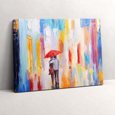 Wallfluent Foto Op Canvas Abstract concept van de wereld - koppel in de regen - 80 x 60 cm - Veelkleurig Canvas Schilderij - Liefde Foto Canvas - Imitatie van een olieverfschilderij Schilderij Op Doek - Liefde Schilderij Op Canvas