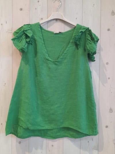 Puur linnen zomer top met v-hals en korte mouwen - GRASS GROEN kleur - maat 38/40