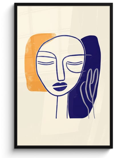 Poster in lijst - Fotolijst 80x120 cm - Posters - Minimalistisch - Gezicht - Hand - Oranje - Blauw - Posterlijst zwart - Decoratie - Wanddecoratie woonkamer - Muurdecoratie slaapkamer