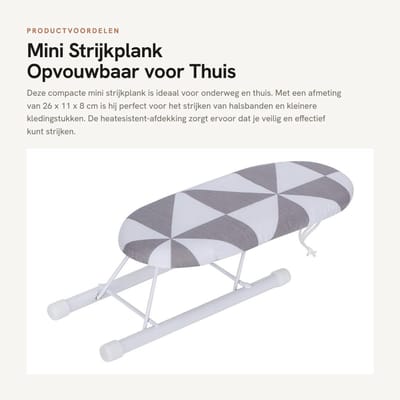 Dailygoods- Strijkplank Opvouwbaar - Mini Strijkplank 26 x 11 x 8 cm - Katoenen Hoes - Stalen Beugel - IJzerbestendig Polyester - Lichtgewicht 207 gr - Reiskledingstrijkplank