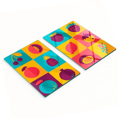 Glazen serveerplanken voor in de keuken met grafische fruitpictogrammen 2x40x52 cm