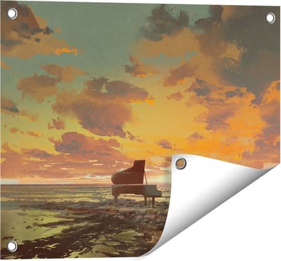 Gards Tuinposter Piano op het Strand bij Zonsondergang - 50x40 cm - Tuindoek - Tuindecoratie - Wanddecoratie buiten - Tuinschilderij