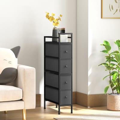 Wishdor - Smalle Ladekast - 4 Stoffen Laden - Verticaal Opbergen - Voor Slaapkamer Of Woonkamer - Hout En Staal - Zwart - 20 X 43 X 81,5 Cm