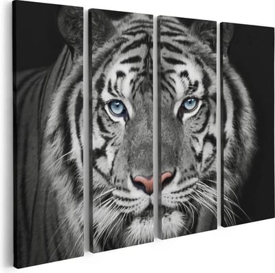 Artaza Canvas Schilderij Vierluik Tijgerkop Met Blauwe Ogen - Zwart Wit - 80x60 - Foto Op Canvas - Canvas Print