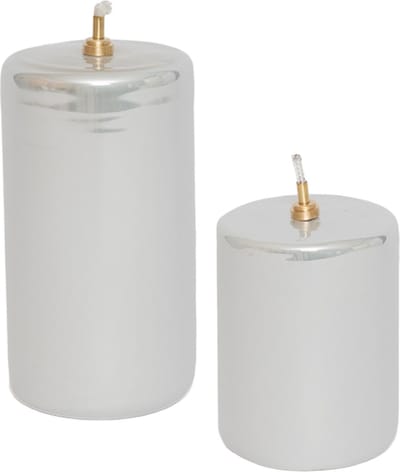 WinQ! - Olielamp cilinder 7,5x10cm en 7,5x13,5cm glas parelmoer wit glanzend - set à 2stuks - Ideale vervanging voor kaarsen incl. lont en trechter