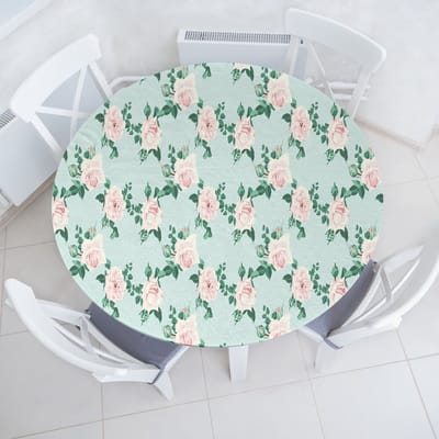 ABAKUHAUS Bloemen Elastisch Rond Tafelkleed, Zachte Pastel Tinten Bloemen, Allround Elastisch Tafelkleed, 100 cm - 110 cm, Blauw