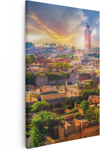 Artaza Canvas Schilderij Skyline Marokko - 20x30 cm - Klein - Wanddecoratie Zonsondergang - Muurdecoratie Stad - Kamer Accessoires Woonkamer