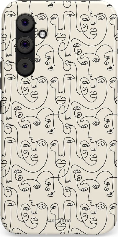 Casetastic hoesje geschikt voor Samsung Galaxy A54 (2023) 5G - Dubbellaagse bescherming - Art Deco Creme Abstractie Lijntekening Gezichten - Fashion Case - Zilver Crème Wit