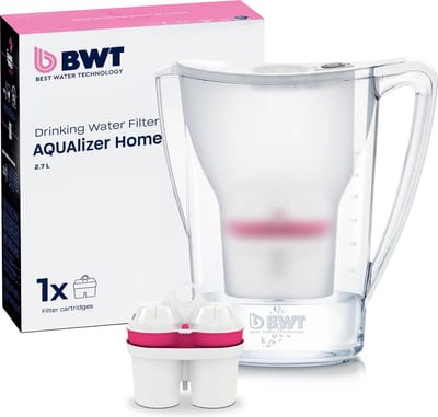 BWT Waterfilterkan AQUAlizer Home + 1 Magnesium Waterfilter | Verwijdert kalk, chloor, lood & koper | 120 L per cartridge | Handmatige vervangingsindicator | BPA‑vrij | Past in koelkastdeur | Geschikt voor thee, koffie & koken