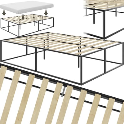 tectake® Bedframe - Metalen bedframe zonder hoofdbord- Incl. lattenbodem van populierenhout - Draagkracht 250 kg - Bergruimte onder het bed - 140 x 200 x 46,5