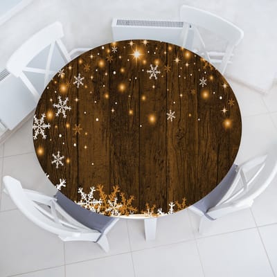 ABAKUHAUS Kerst Elastisch Ronde Tafelkleed, Hout en Sneeuwvlokken, Allround Elastisch Tafelkleed, 90 cm - 100 cm, Bruin Wit