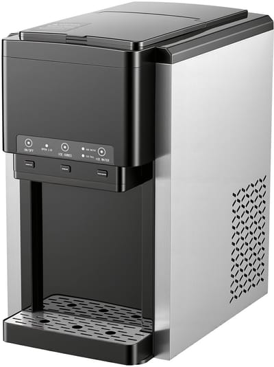 Waterdispenser met Geïntegreerde Ijsmaker (16 kg/Dag), 3-in-1 Tafelmodel, Produceert 12 Ijsblokjes in 7 Minuten. Snelle Werking met Opvangbak, Geschikt voor Bolvormig en Gemalen Ijs en Koud Water, Ideaal voor Gebruik in de Keuken of Bij Feestjes.