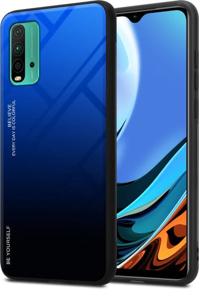 Cadorabo Hoesje geschikt voor Xiaomi RedMi 9T / POCO M3 in BLAUW - ZWART - Tweekleurige beschermhoes van TPU-silicone Case Cover en achterzijde van gehard glas