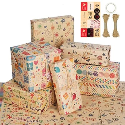 Recycled Vintage Wrapping Paper - 6 Sheets 70x50cm with Ropes and Labels for Gifts