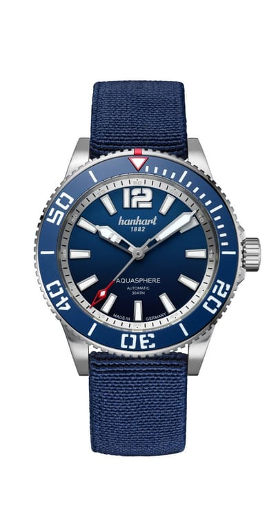 Hanhart Aquasphere Ocean Fade - Horloge - blauwe rand lunette - blauwe hook strap band - 42 mm