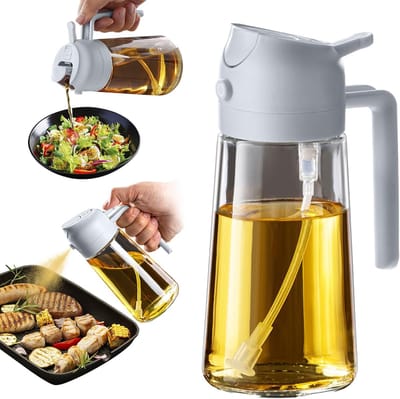 Famanu - Oliedispenser, oliefles, 2-in-1 dispenser en spray, voor olijfolie en azijn, 470 ml, BPA-vrij, voor de keuken, barbecue, salades (1 stuk, Asgrijs)