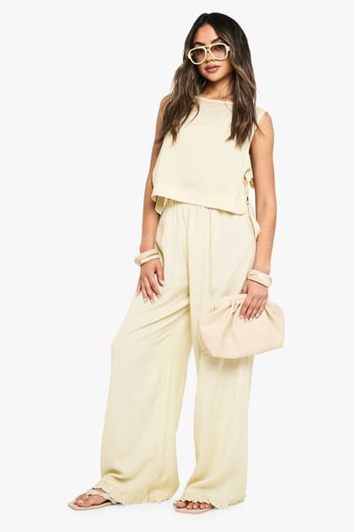 boohoo Dames Tie Side Linnen Top & Wijde Pantalon Co-ord | Steen | Maat: 42