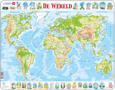 Larsen Wereld geografisch – Puzzel – Kaarten & Geografie – Wereldkaart – Educatieve legpuzzel voor kinderen – 80 stukjes – Gemaakt in Noorwegen – Extra dikke 2,5 mm stukjes – Tray met vaste rand