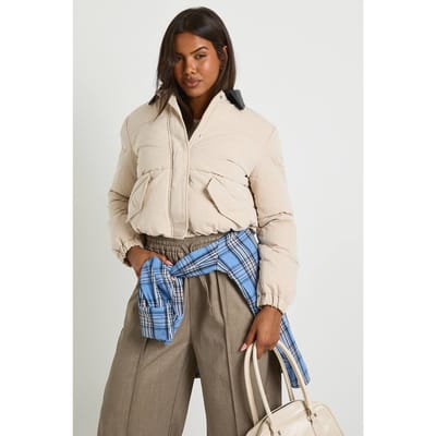boohoo Dames Opgevulde pufferjas met contrasterende kraag | Steen | Maat: 36