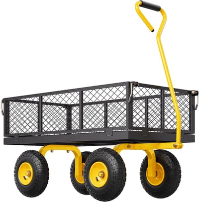 Tuin Kar, 408 Kg Draagvermogen - Stalen Constructie - 25 Cm Banden - Verwijderbare Netten Zijden - 180° Draaibare Handgreep