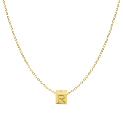 New Bling 9NBG-909R Gouden Letterhanger met Ketting - Letter R - Kubus - 4x4x4mm - Ankerschakel - 0,9 mm Breed - Lengte 38+4+3cm - 14 Karaat - Geelgoud