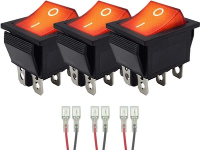 ProRide Wipschakelaar ON-OFF KCD4-202 - met Aansluitkabels - 3 Polig - 250V/16A - 30x22mm - Rood met controlelampje - 3 stuks