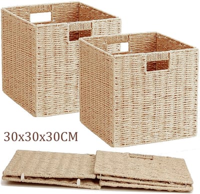 Rotan Opbergmand 2 stuks - Handgevlochten papieren kubus opbergbox - 30x30x30 cm - Opvouwbare opbergmand voor kleding, boeken en speelgoed - Past in kast en kubus opbergmeubel