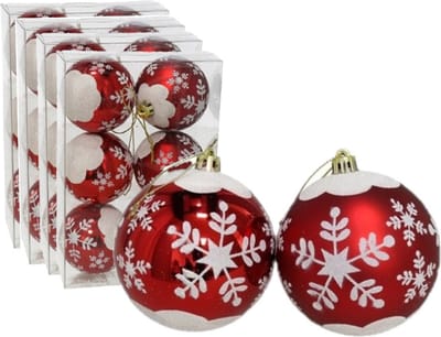 24x stuks gedecoreerde kerstballen rood kunststof diameter 6 cm - Kerstboom versiering