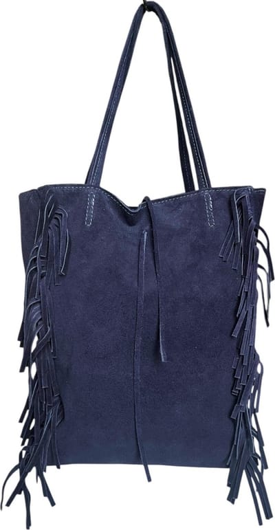 Donker Blauwe Suède Shopper Fringe - Ruime Suède Handtassen - Met Franjes - Trendy Suède Shoppers - Dames Tassen - Navy - Donker Blauwe