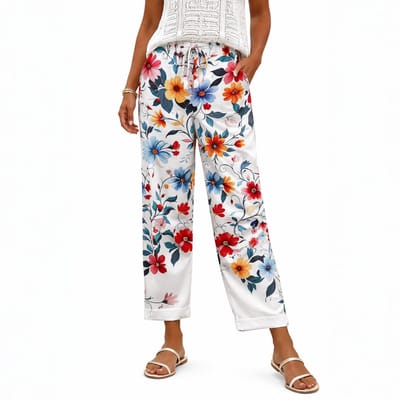 Dames Broek Linnen Stijl - Loose Fit - Bloemen - Wit - Zomer