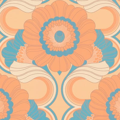 Retro behang Profhome 395302-GU vliesbehang hardvinyl warmdruk in reliëf licht gestructureerd met bloemen patroon mat beige zalmoranje turkooisblauw pastelgeel 4,5 m2