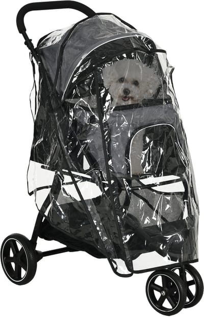 PawHut Hundebuggy Haustierwagen mit Regenschutz 2 Sicherheitsleinen Katzenwagen mit Aufbewahrungskorb Klappbar Hundebox für kleine und Miniaturhunde, Oxford, Grau